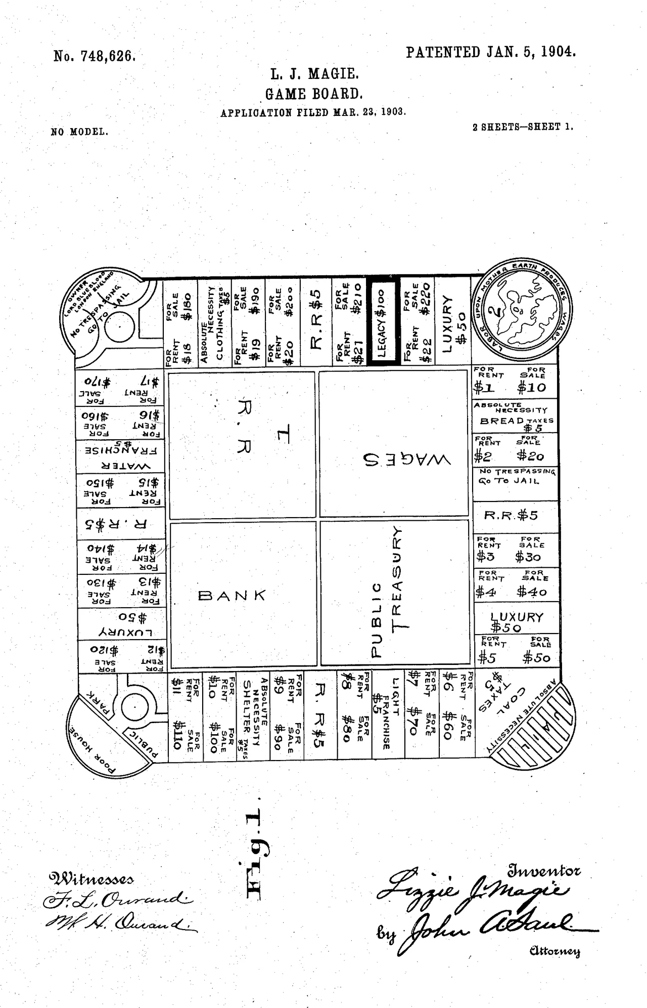 Patente de The Landlord’s Game Dibujo técnico en blanco y negro de la patente de un tablero cuadrado con casillas alrededor del perímetro y anotaciones manuscritas