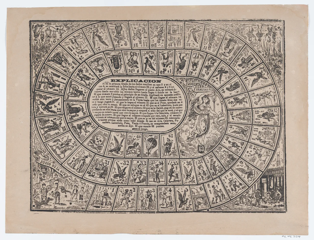 Juego de la oca Hoja impresa a color con un Juego de la Oca: un espiral de casillas numeradas con ilustraciones de ocas, calaveras, personajes y objetos, en rojo, verde y amarillo