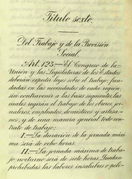 Artículo 123, original Página mecanografiada y amarillenta de un documento de 1917 con el encabezado del artículo 123
