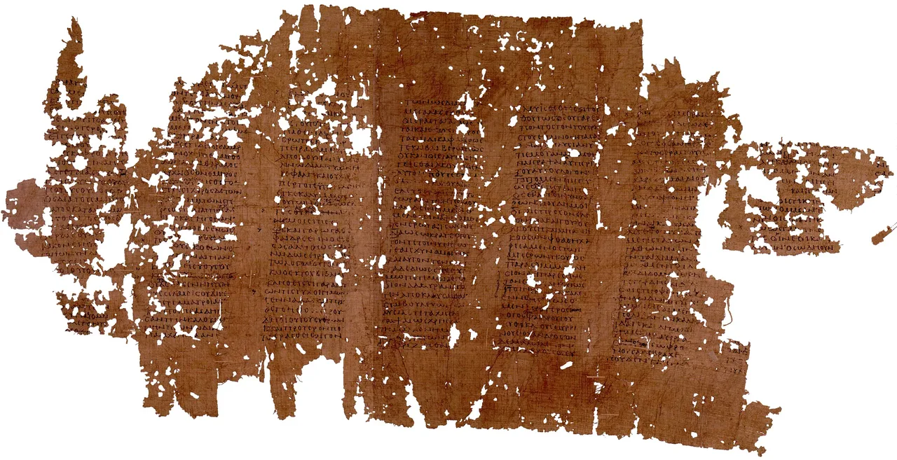 Fragmentos de papiro color café con columnas de texto griego, reconstruidos sobre fondo blanco